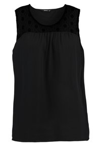 Top senza maniche nero con yoke in pizzo e motivi floreali, tessuto liscio e vestibilità rilassata. Scollatura rotonda e cuciture laterali sottili.