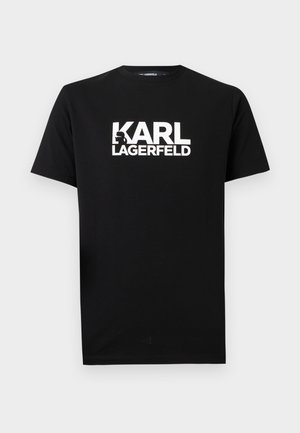 Μαύρο κοντομάνικο T-shirt με λευκό κείμενο "KARL LAGERFELD" και ένα μικρό γραφικό σιλουέτα μέσα στο γράμμα "K" στο στήθος.