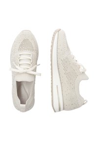 Leichte, cremefarbene Sneaker mit einem strukturierten Strickobermaterial, Schnürverschluss und einer weißen Gummisohle. Enthält subtile, schimmernde Akzente.