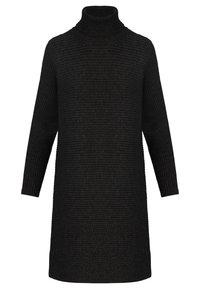 Robe noire à col roulé côtelé avec manches longues, longueur genoux, fabriquée en tissu tricoté texturé, offrant une coupe décontractée et une finition douce.