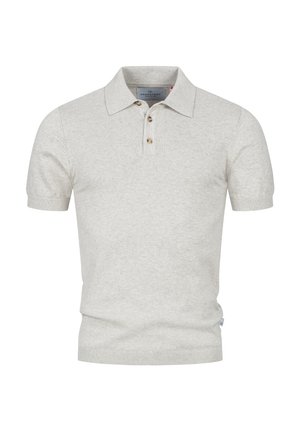 Jasnoszara koszulka polo z krótkim rękawem, wykonana z miękkiej dzianiny. Posiada kołnierzyk, zapięcie na trzy guziki oraz prążkowane mankiety.