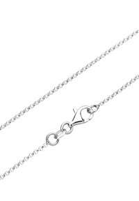 Silberne Metallkette mit kleinen runden Gliedern, ausgestattet mit einem Karabinerhaken und einer verstellbaren Länge mit zusätzlichen runden Gliedern.