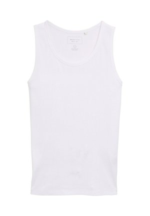 Top sin mangas de algodón blanco con un escote redondo, diseño sin mangas, textura acanalada y una pequeña etiqueta en el cuello. Sin patrones ni acentos visibles.