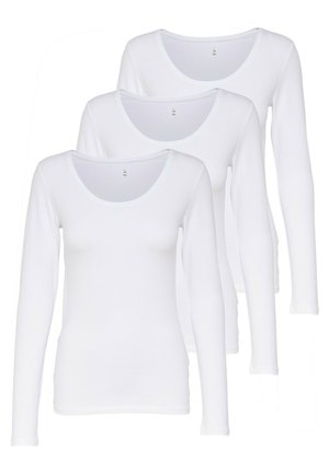Three long-sleeve white t-shirts made from lightweight fabric with a scoop neckline. The design features a smooth texture and fitted shape.