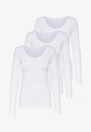 Three long-sleeve white t-shirts made from lightweight fabric with a scoop neckline. The design features a smooth texture and fitted shape.