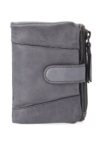Gray leather wallet with a smooth texture, side zipper, and a snap closure, featuring angled seam details and a compact rectangular shape.