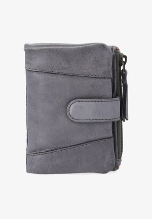 Gray leather wallet with a smooth texture, side zipper, and a snap closure, featuring angled seam details and a compact rectangular shape.