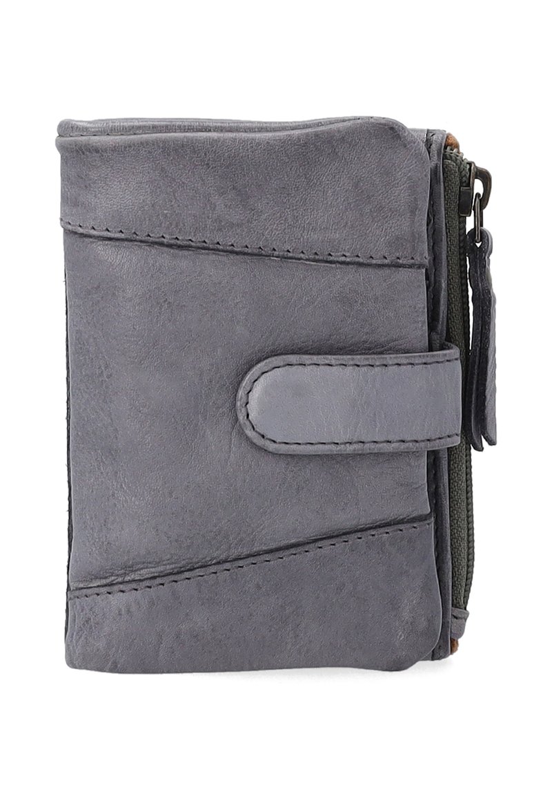 Gray leather wallet with a smooth texture, side zipper, and a snap closure, featuring angled seam details and a compact rectangular shape.