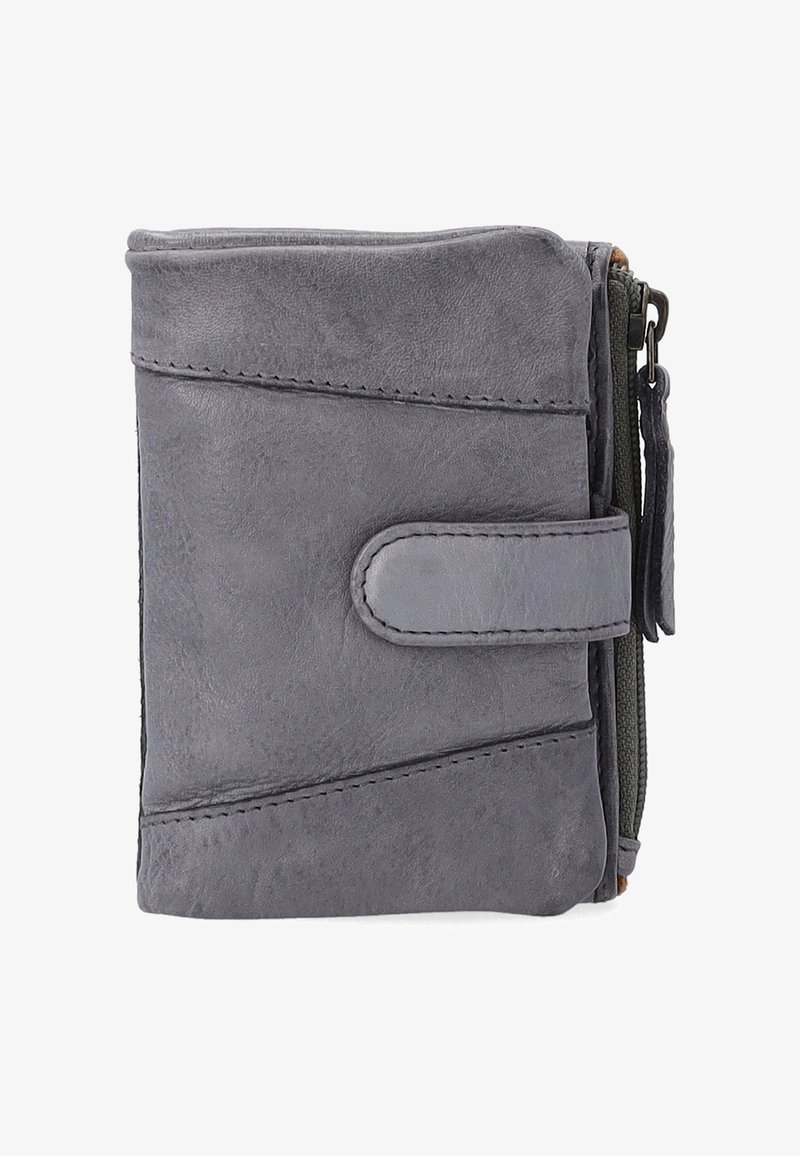 Grå læderpung med en glat overflade, sidezipper og trykknaplukning, med skrå sømdetaljer og en kompakt rektangulær form.