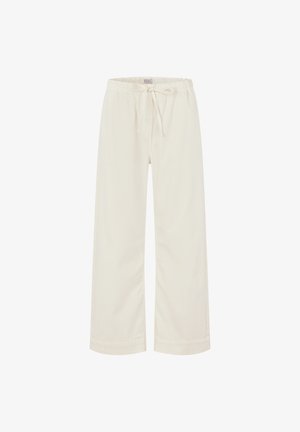 Wijdvallende crème broek gemaakt van zachte stof, voorzien van een elastische tailleband met trekkoord en omgeslagen zoom voor een ontspannen pasvorm.