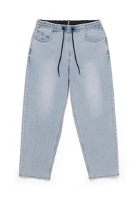 Light blue denim jogger pants with an elastic waistband, adjustable drawstring, and two front pockets. Features a relaxed fit and straight legs.
