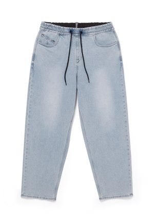 Lichtblauwe denim jogger broek met een elastische tailleband, verstelbaar trekkoord en twee vo zakken. Heeft een comfortabele pasvorm en rechte pijpen.
