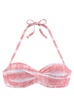 Rosa Batik-Bikini-Oberteil mit verstellbaren Trägern, das ein Überkreuz-Design und eine glatte Stofftextur aufweist. Auffällige weiße Akzente überall.