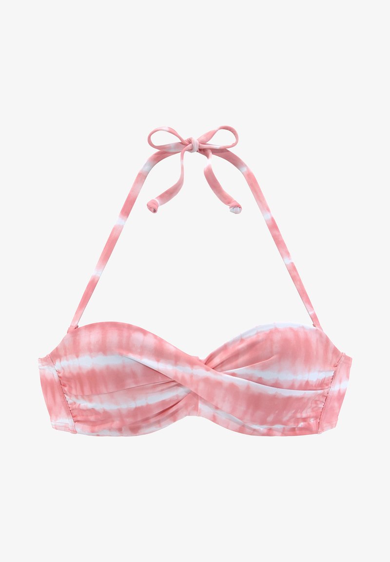 Pinkes Batik-Bikinioberteil mit Twist-Design, verstellbaren Trägern und nahtlosen Kanten für eine glatte Passform.
