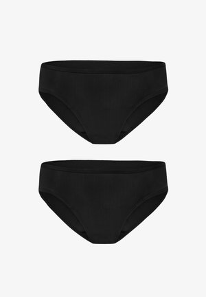 Culotte de bikini noire en tissu lisse, présentant une coupe classique avec un design simple et une taille élastique. Pas de détails ou de motifs supplémentaires.