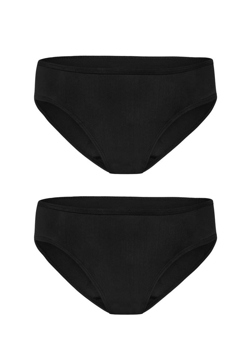 Culotte de bikini noire en tissu lisse, présentant une coupe classique avec un design simple et une taille élastique. Pas de détails ou de motifs supplémentaires.
