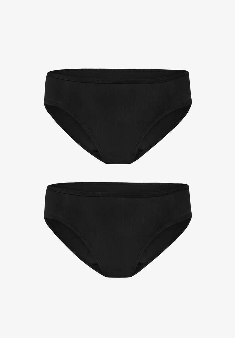 Schwarze Bikini-Höschen aus glattem Stoff, mit klassischem Schnitt, einfachem Design und elastischem Bund. Keine zusätzlichen Details oder Muster.