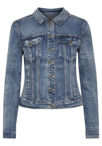 Jeansjacka i blekt blått med knäppning framtill, bröstfickor och långa ärmar. Har en sliten textur och metallknappdetaljer.