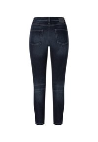 Mörka denim skinny jeans med en slät textur, ankellånga, med två bakfickor och accenttrådar längs sömmarna.