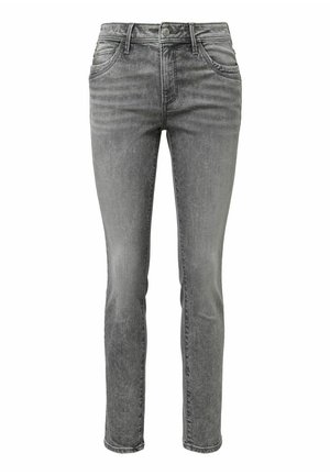 Jeans in denim grigio con vestibilità slim, design a cinque tasche, leggeri segni di usura e una texture liscia. Concluse con un classico girovita in denim.