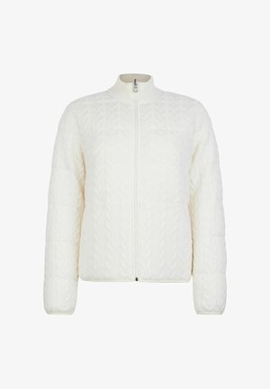 Biała kurtka na zamek z wysokim kołnierzem, wykonana z teksturowanego wzoru warkocza i podszyta ocieplającymi ciepło panelami.