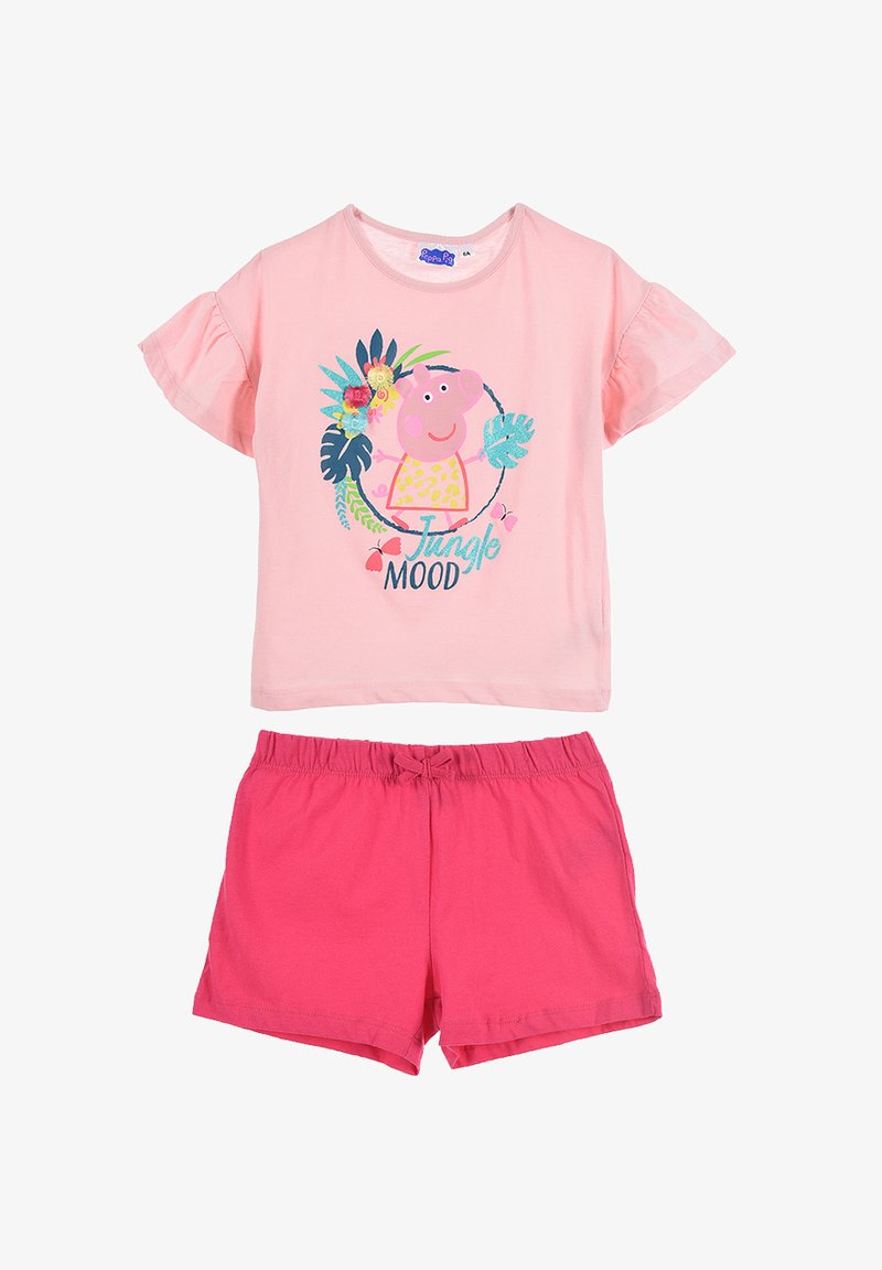 Rosa Baumwoll-T-Shirt mit Rüschensleeves und einem Peppa Pig-Print, kombiniert mit rosa Shorts mit einem elastischen Bund und Kordelzug.
