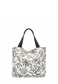 Torba na ramię z czarnym wzorem kwiatowym na kremowym tle, z czarnymi materiałowymi uchwytami, prostokątnym kształtem i miękką teksturą.