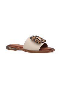 Beige glidesandal med en bred strop, der har en brun dyreprint-sløjfe. Sålen er brun, med en lille hæl og teksturerede detaljer.