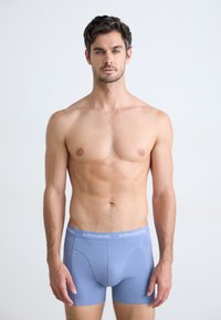Blue cotton trunk shorts with a fitted design and elastic waistband displaying "BJÖRN BORG" in white text. Smooth texture, mid-thigh length.