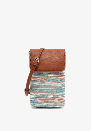 Small crossbody bag with textured brown leather flap and adjustable strap, featuring multicolored horizontal striped fabric body.