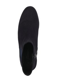 Schwarze Wildleder-Stiefelette mit seitlichem Reißverschluss, leicht abgerundeter Zehenpartie und glatter Textur sowie einem kontrastierenden, weichen Stoffpanel.