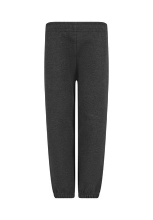 Donkergrijze sweatpants met elastische tailleband en boorden, rechte pijp, getoond op een witte achtergrond.