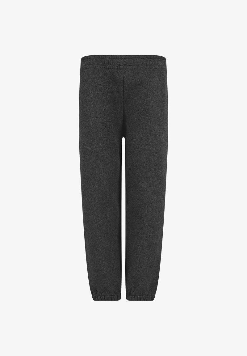 Tmavosivé tepláky s elastickým pásom a manžetami, rovný strih nohavíc, zobrazené na bielom pozadí.