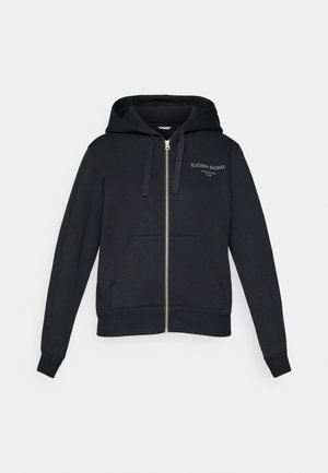 Sweatshirt preto com fecho de correr, feito de material suave, com bolso canguru, capuz ajustável por cordão e logótipo bordado em verde-claro.