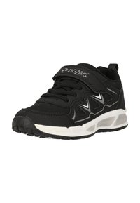 Schwarzer Sportschuh aus Mesh- und Synthetikmaterialien, mit Riemenschluss, weißen Akzenten, strukturiertem Profil und gepolsterter Kragen.