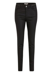 Jeans negros de corte ajustado, con un tejido texturizado, diseño de cinco bolsillos y detalles en tono plateado en los bolsillos frontales.