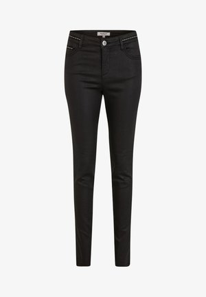 Jeans negros de corte ajustado, con un tejido texturizado, diseño de cinco bolsillos y detalles en tono plateado en los bolsillos frontales.