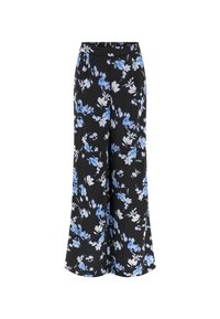 Pantaloni largi negri cu flori, prezentând flori albastre și albe, cu o textură netedă și un talie cu buzunare laterale.