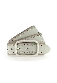 Gray leather belt with a rectangular metal buckle. Features evenly spaced perforations along its length. Soft, textured finish.