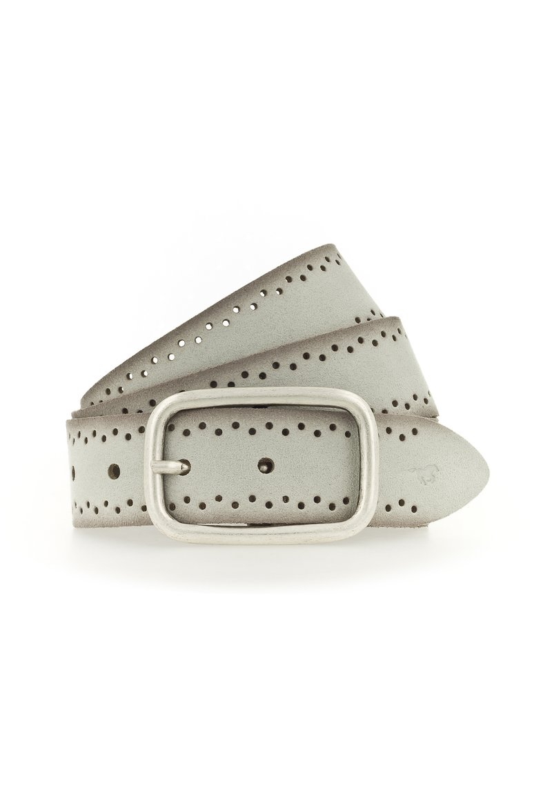 Gray leather belt with a rectangular metal buckle. Features evenly spaced perforations along its length. Soft, textured finish.