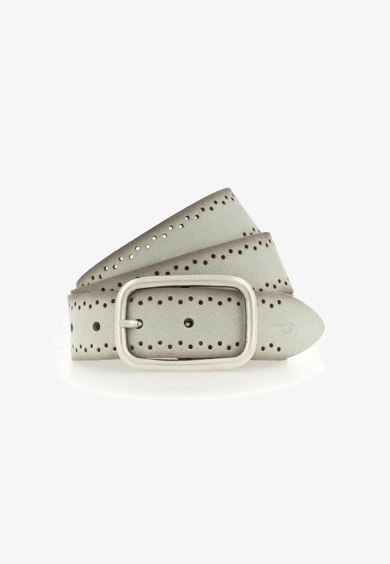 Gray leather belt with a rectangular metal buckle. Features evenly spaced perforations along its length. Soft, textured finish.