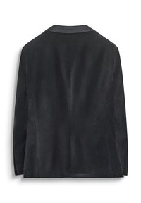 Blazer de ante negro con textura suave, solapa elegante y silueta entallada, con un diseño trasero limpio y minimalista.