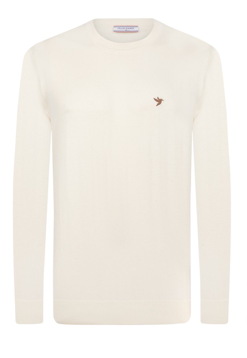 Cremefarbener Pullover aus weichem Material mit rundem Halsausschnitt und langen Ärmeln. Das Design wird durch ein kleines braunes Vogel-Logo auf der Brust ergänzt.