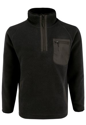 Schwarzer Fleece-Pullover mit hohem Kragen, halbseitigem Reißverschluss vorne und einer Brusttasche aus einem kontrastierenden Material. Mit gerippten Bündchen und Seitenteilen.