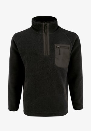 Czarny polarowy sweter z wysokim kołnierzem, zamek błyskawiczny do połowy z przodu oraz kieszonką na piersi z kontrastowego materiału. Posiada ściągacze przy mankietach i bocznych panelach.