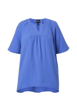 Losvallende blauwe blouse met korte mouwen van gestructureerde stof, een ronde hals met een voorste split en subtiele plooien onder het pas.