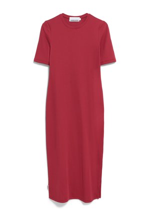 Rotes, knielanges Kleid aus einem gerippten Strickmaterial, mit kurzen Ärmeln, Rundhalsausschnitt und seitlichen Schlitzen für ein angenehmes Tragegefühl.