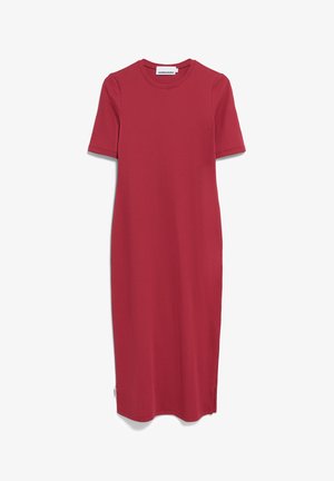 Rotes, knielanges Kleid aus einem gerippten Strickmaterial, mit kurzen Ärmeln, Rundhalsausschnitt und seitlichen Schlitzen für ein angenehmes Tragegefühl.