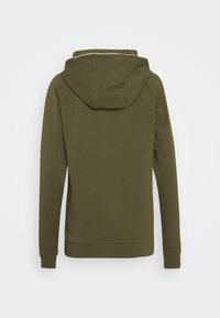 Olijfgroene pullover hoodie met een trekkoordkap, geribbelde manchetten en tailleband. Glad van structuur, met een eenvoudig ontwerp en zonder patronen.