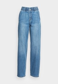 Džínové kalhoty s vysokým pasem, rovné nohavice, modré, s elastickým pasem, předním knoflíkem, zipovým uzávěrem a bočními kapsami.